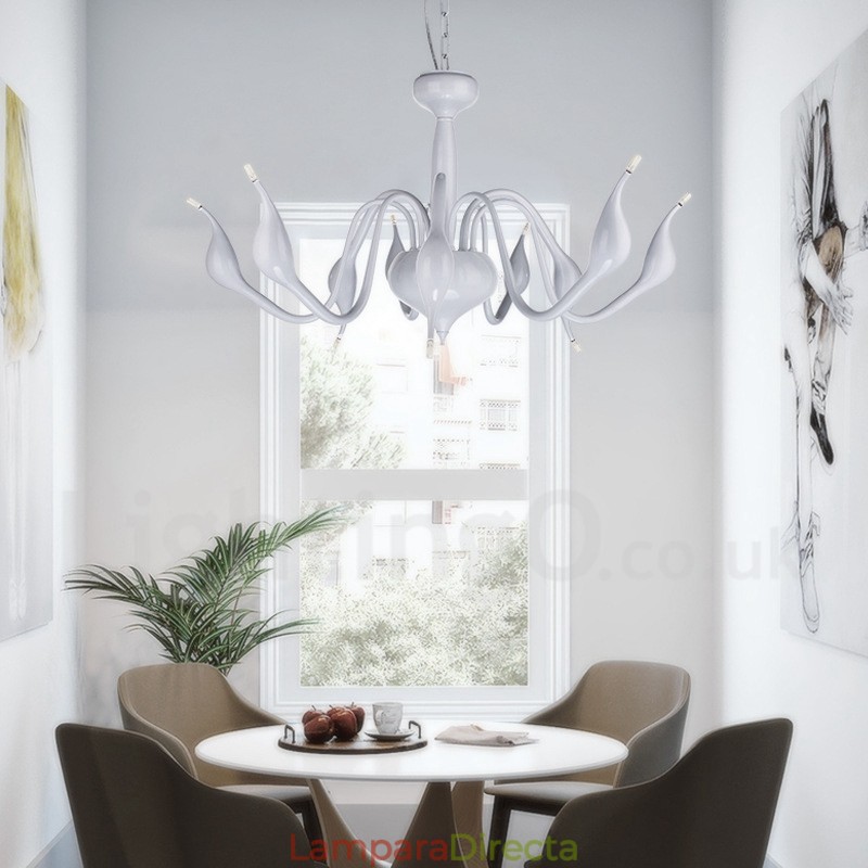 Lámpara de araña de cisne posmoderna de 18 luces de acero inoxidable G4 con acabado blanco