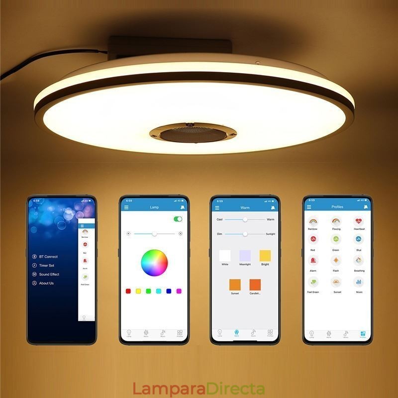 Lámpara de techo empotrada colorida con función de temporización y altavoz de música Bluetooth