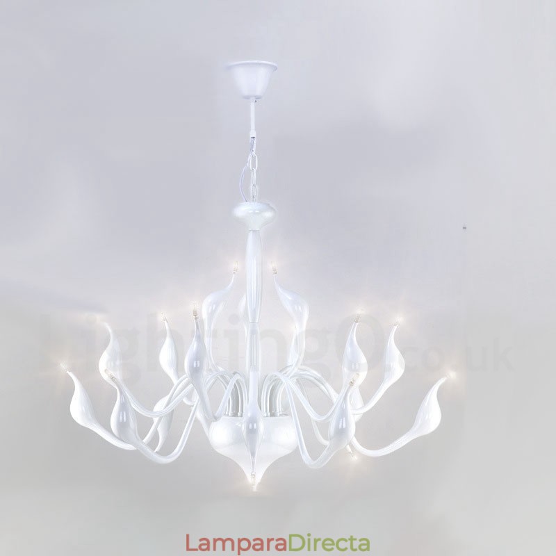 Lámpara de araña de cisne posmoderna de 18 luces de acero inoxidable G4 con acabado blanco