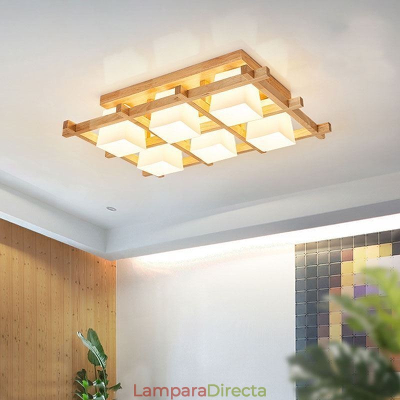 Lámpara de techo empotrada de madera de caucho con rejilla cuadrada nórdica