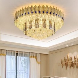 Lámpara de techo decorativa de lujo con forma de cola de fénix, redonda, galvanizada y de cristal