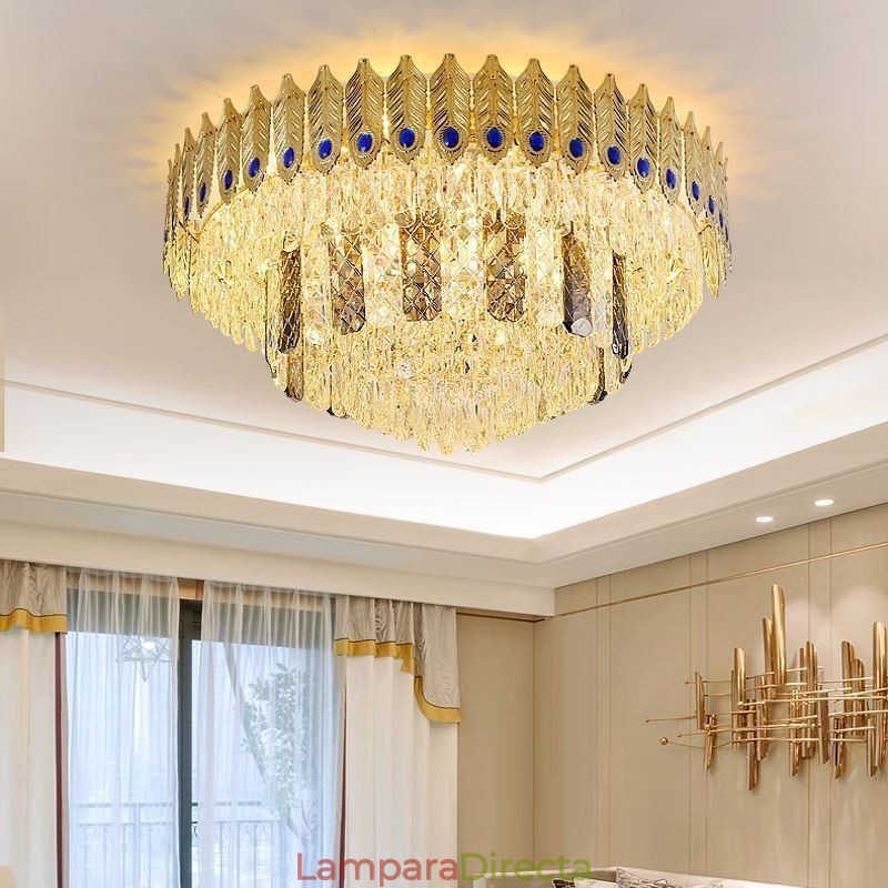 Lámpara de techo decorativa de lujo con forma de cola de fénix, redonda, galvanizada y de cristal