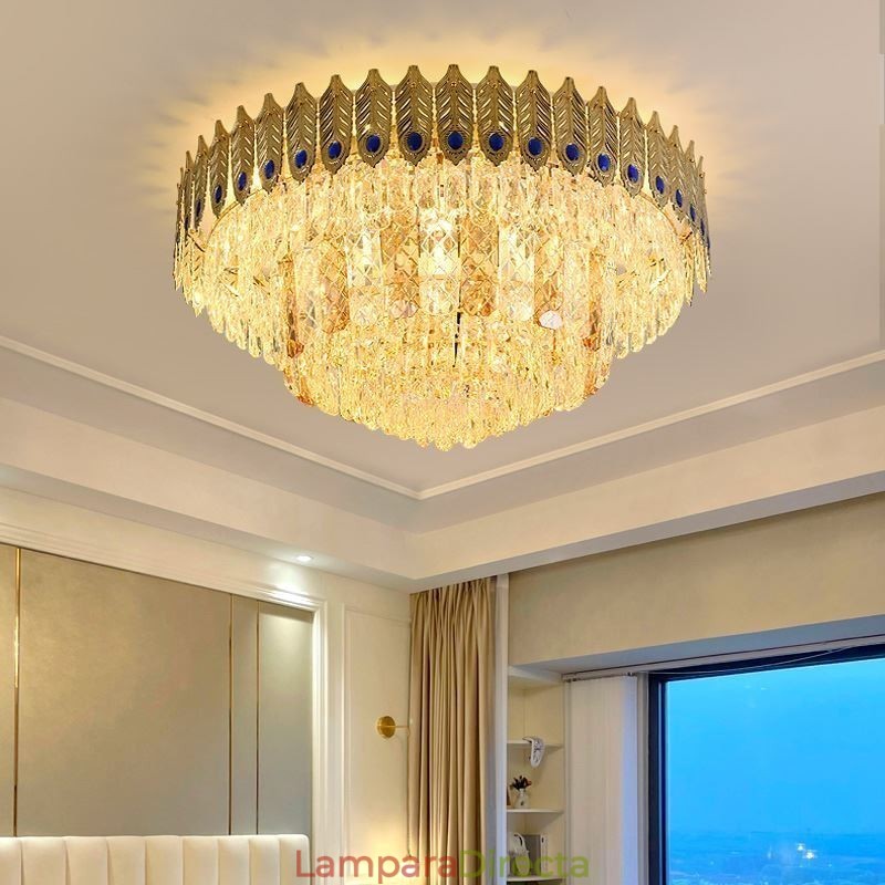 Lámpara de techo decorativa de lujo con forma de cola de fénix, redonda, galvanizada y de cristal