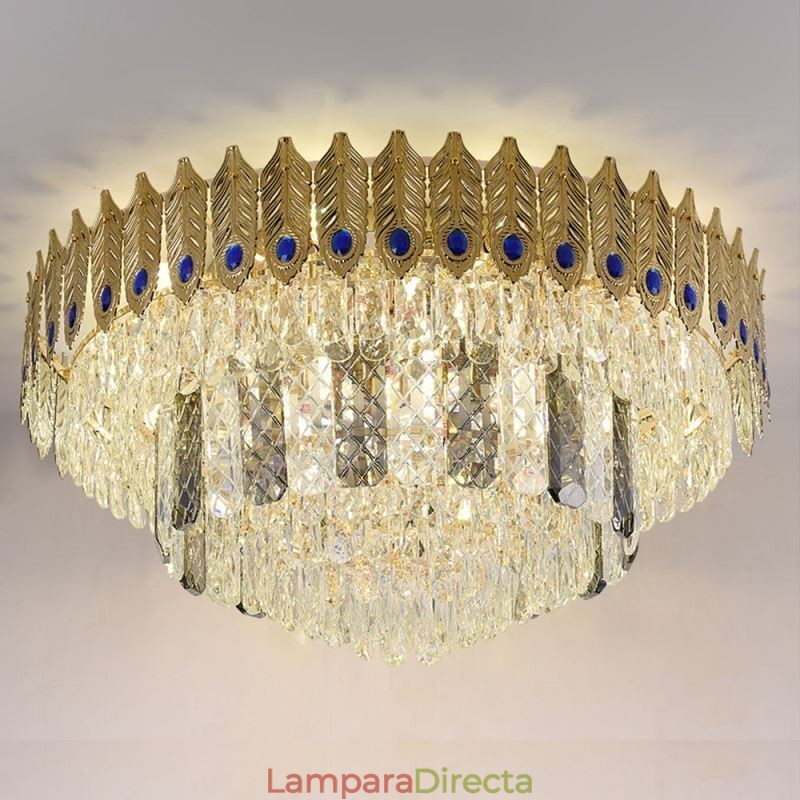 Lámpara de techo decorativa de lujo con forma de cola de fénix, redonda, galvanizada y de cristal