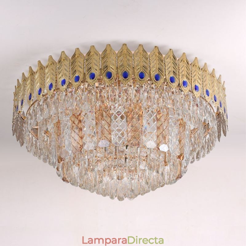 Lámpara de techo decorativa de lujo con forma de cola de fénix, redonda, galvanizada y de cristal