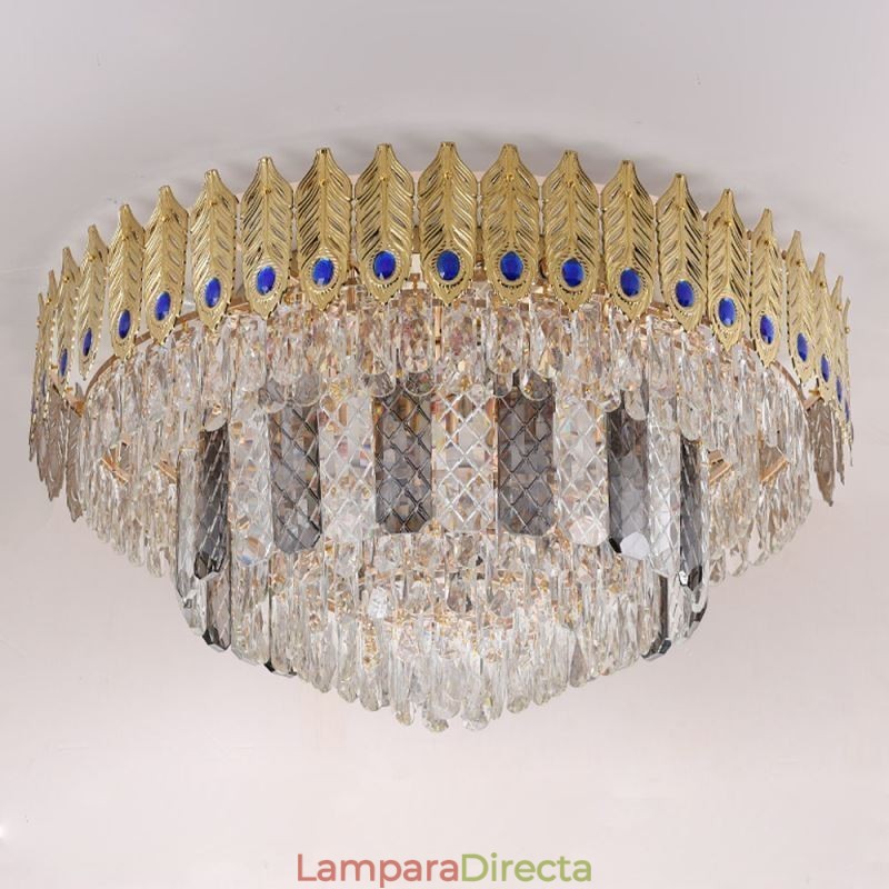 Lámpara de techo decorativa de lujo con forma de cola de fénix, redonda, galvanizada y de cristal