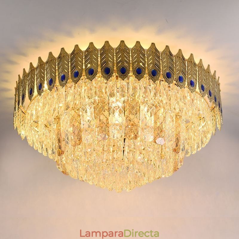 Lámpara de techo decorativa de lujo con forma de cola de fénix, redonda, galvanizada y de cristal