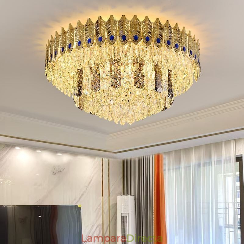Lámpara de techo decorativa de lujo con forma de cola de fénix, redonda, galvanizada y de cristal