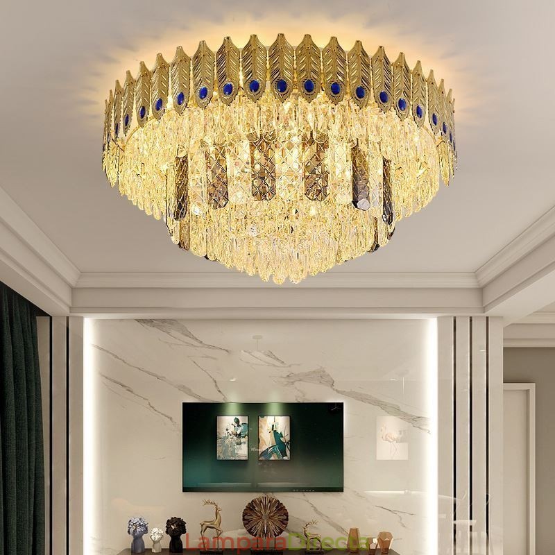 Lámpara de techo decorativa de lujo con forma de cola de fénix, redonda, galvanizada y de cristal