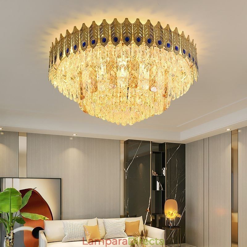 Lámpara de techo decorativa de lujo con forma de cola de fénix, redonda, galvanizada y de cristal