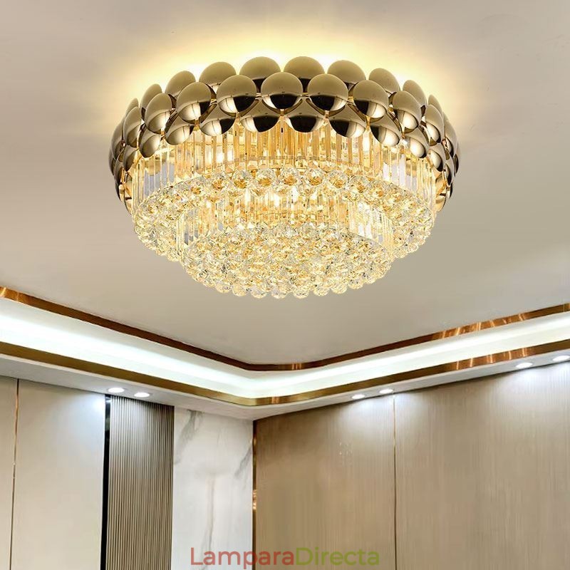 Lámpara de techo redonda de cristal, galvanizada y dorada, de lujo y decorativa, de 80 cm.