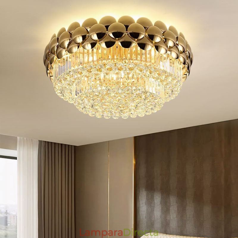 Lámpara de techo redonda de cristal, galvanizada y dorada, de lujo y decorativa, de 80 cm.