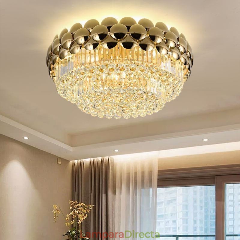 Lámpara de techo redonda de cristal, galvanizada y dorada, de lujo y decorativa, de 80 cm.