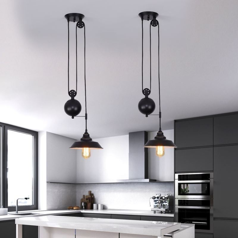 Lámpara colgante de polea industrial de estilo rústico con diseño retráctil y altura ajustable