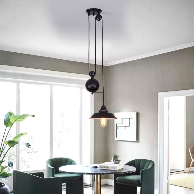 Lámpara colgante de polea industrial de estilo rústico con diseño retráctil y altura ajustable