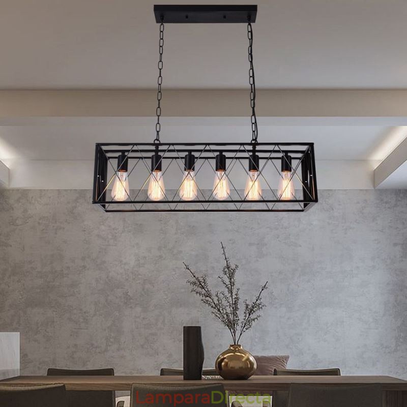 Lámpara colgante rústica rectangular de 6 luces estilo granja
