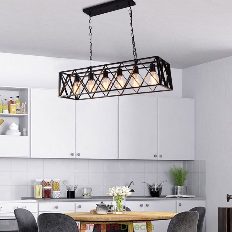 Lámpara colgante rústica rectangular de 6 luces estilo granja