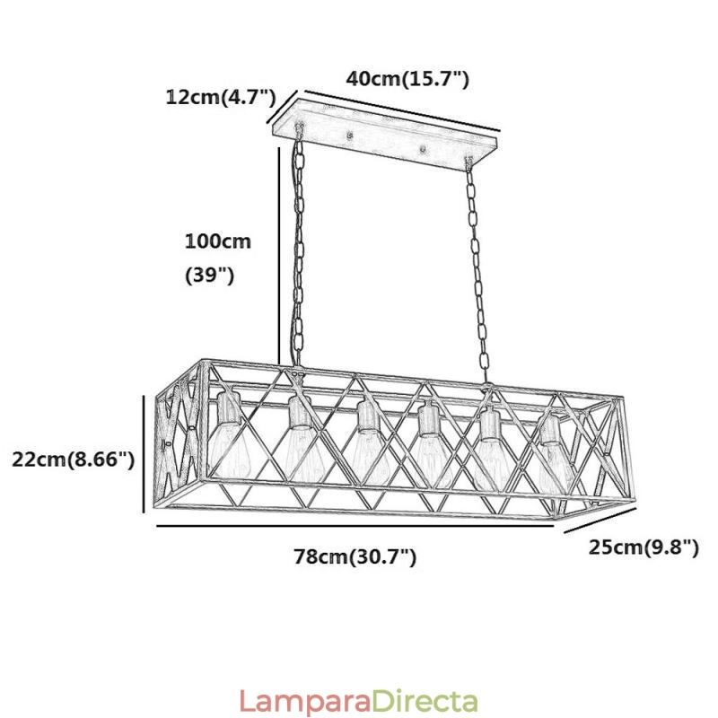 Lámpara colgante rústica rectangular de 6 luces estilo granja