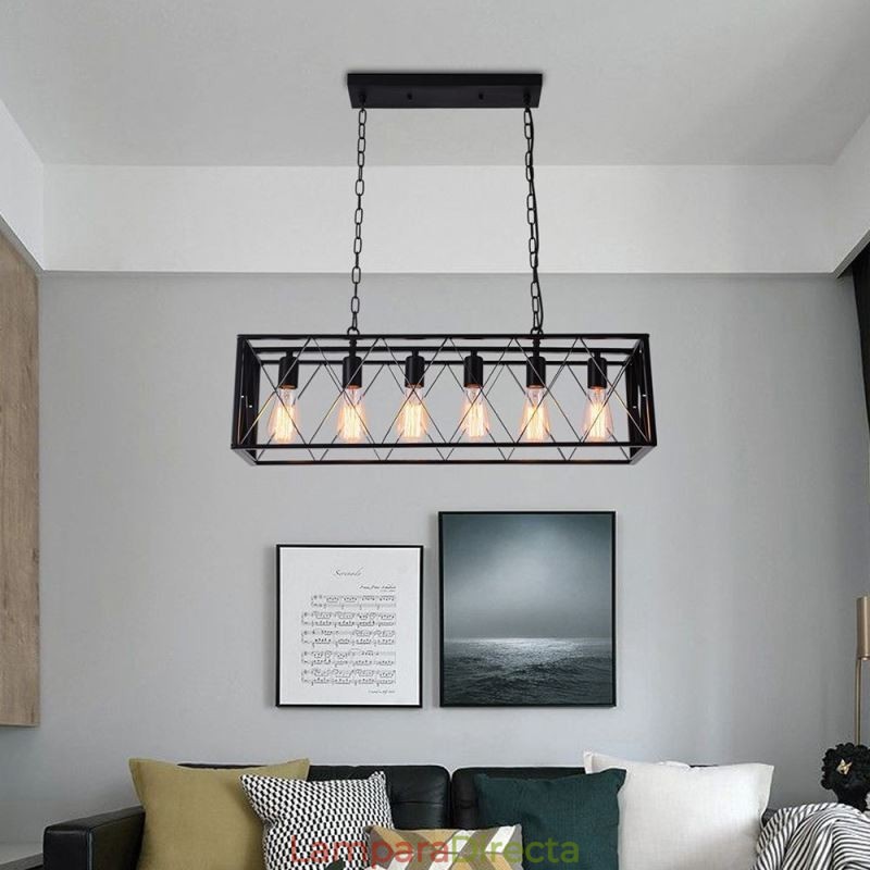 Lámpara colgante rústica rectangular de 6 luces estilo granja