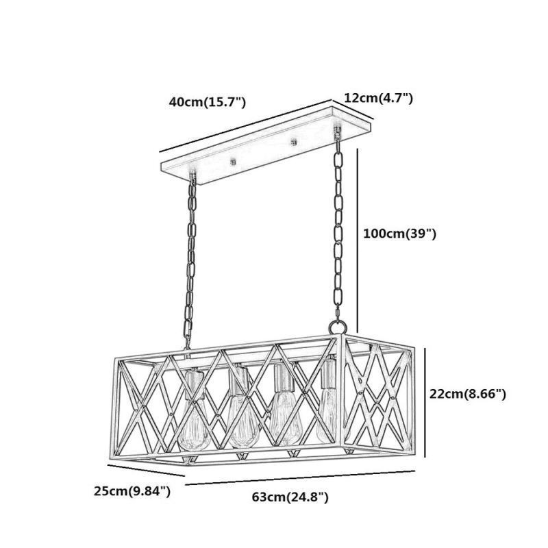 Lámpara colgante rústica rectangular de 4 luces estilo granja
