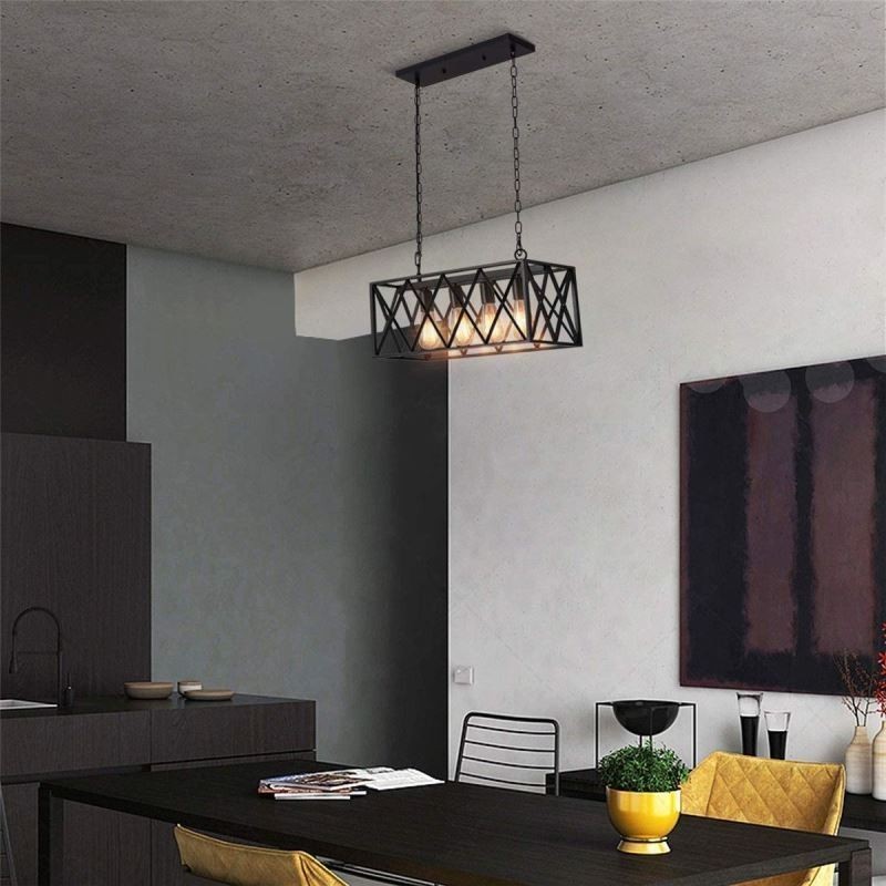 Lámpara colgante rústica rectangular de 4 luces estilo granja