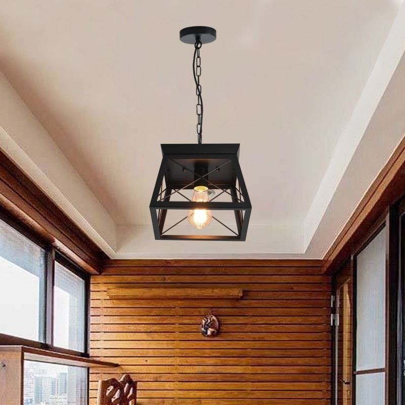 Lámpara colgante trapezoidal vintage de metal negro para techo