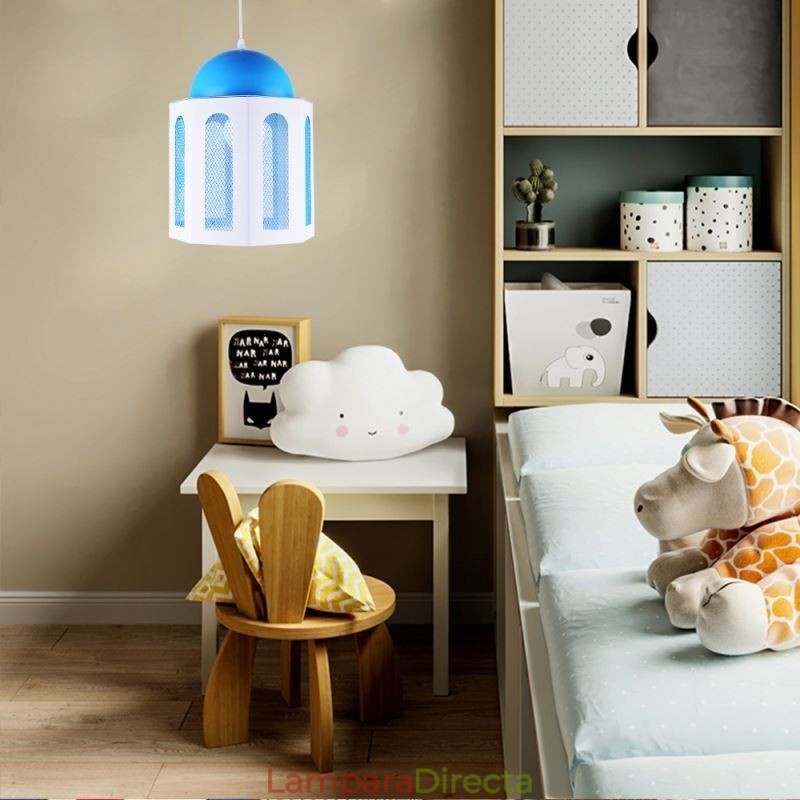 Lámpara colgante moderna con forma de castillo en color azul y blanco.