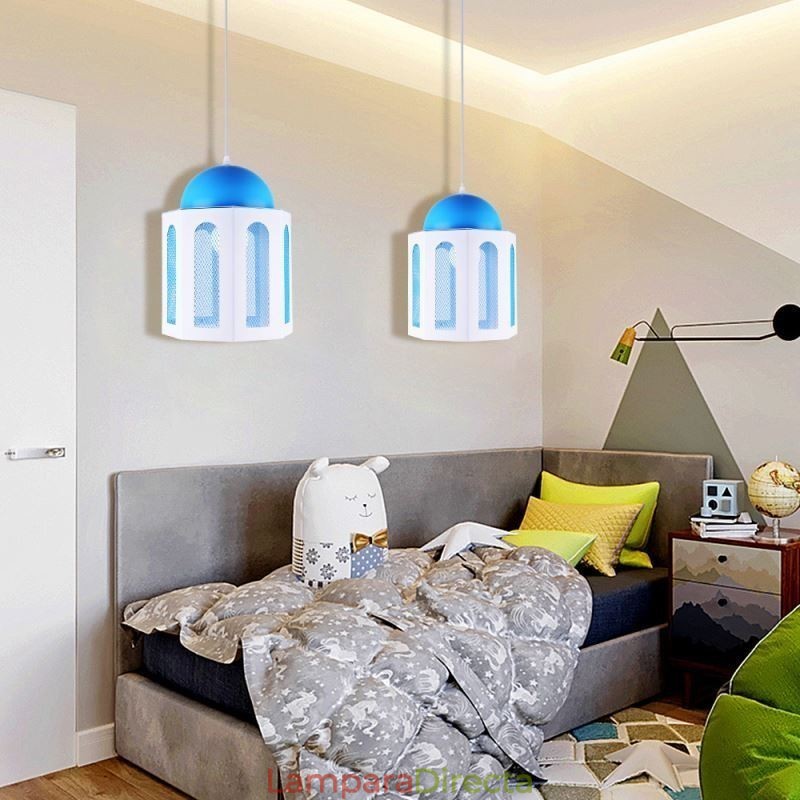 Lámpara colgante moderna con forma de castillo en color azul y blanco.