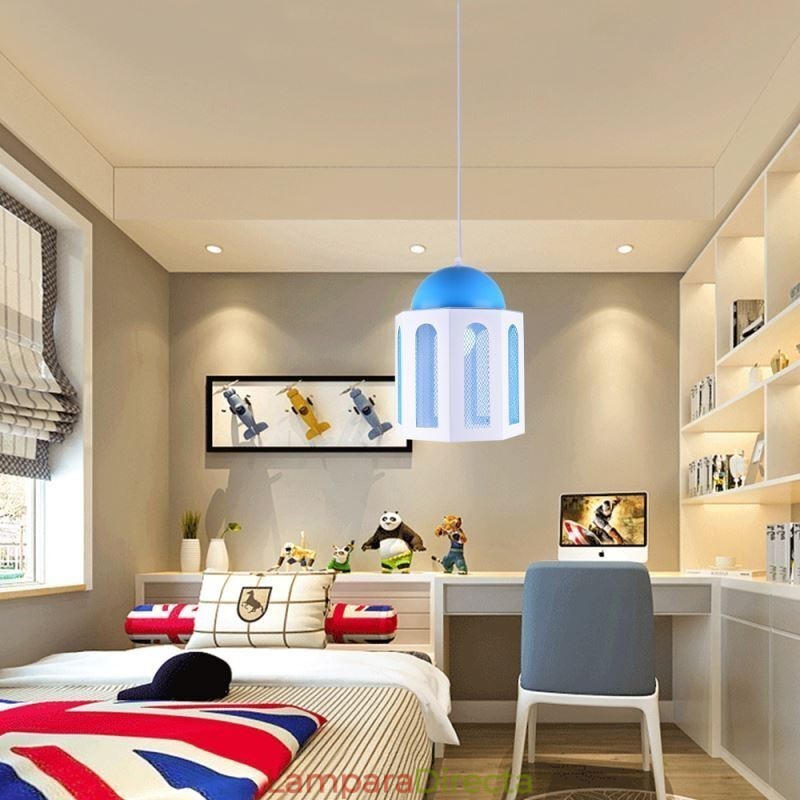 Lámpara colgante moderna con forma de castillo en color azul y blanco.