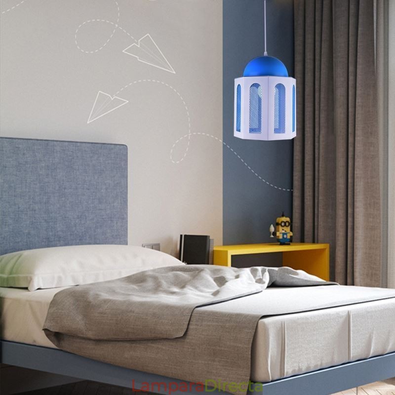 Lámpara colgante moderna con forma de castillo en color azul y blanco.