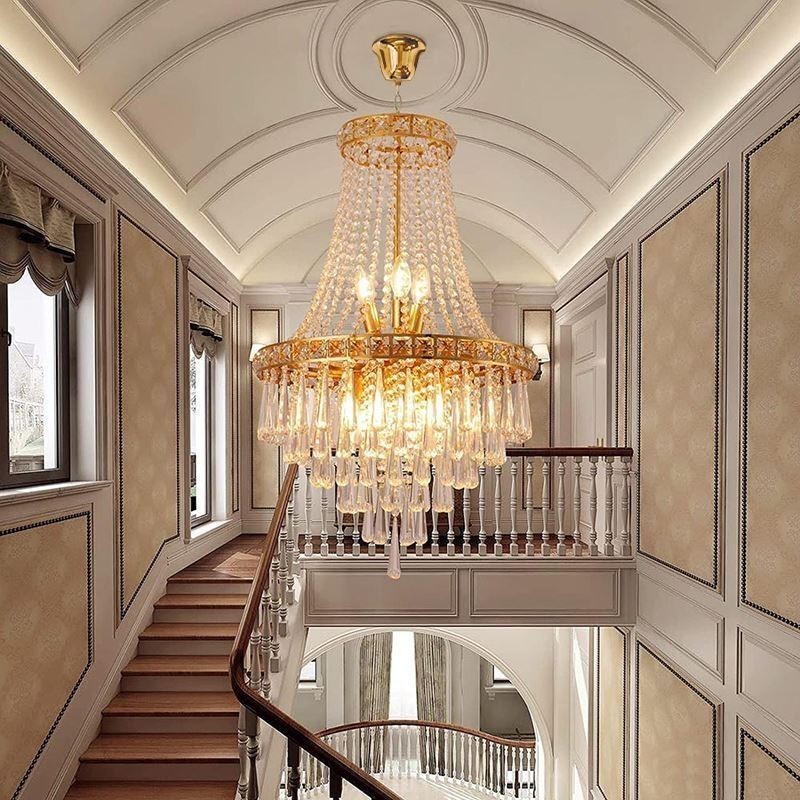 Lámpara de araña de cristal moderna, elegante y contemporánea, lámpara de techo, escalera dúplex
