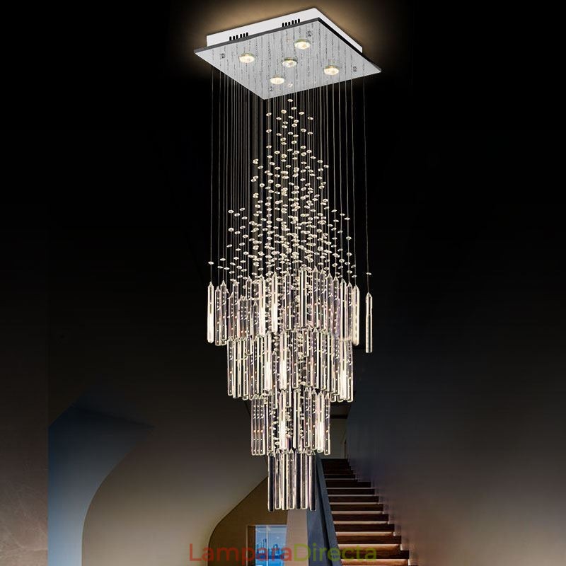 Lámpara de araña de cristal cuadrada moderna, elegante y contemporánea, lámpara de techo dúplex para escalera