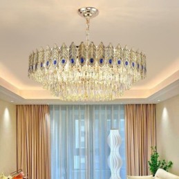 Lámpara colgante de cristal con plumas doradas, lámpara de techo decorativa dúplex