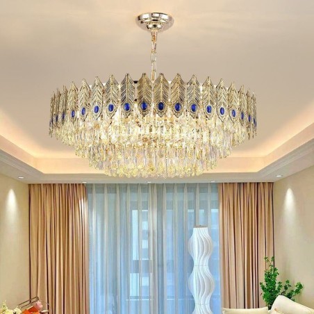 Lámpara colgante de cristal con plumas doradas, lámpara de techo decorativa dúplex Lámpara colgante de cristal con plumas doradas, lámpara de techo decorativa dúplex