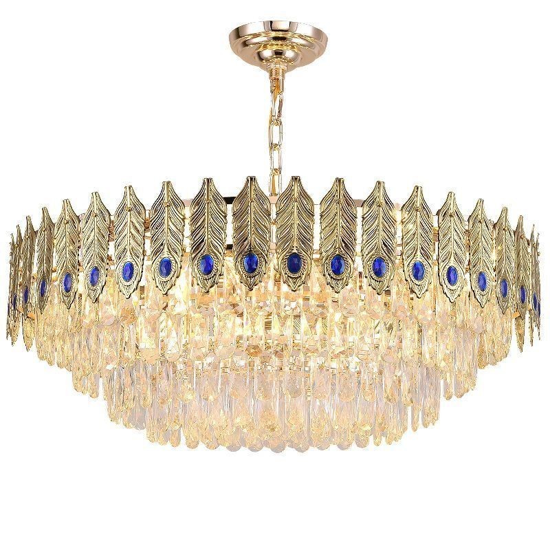 Lámpara colgante de cristal con plumas doradas, lámpara de techo decorativa dúplex