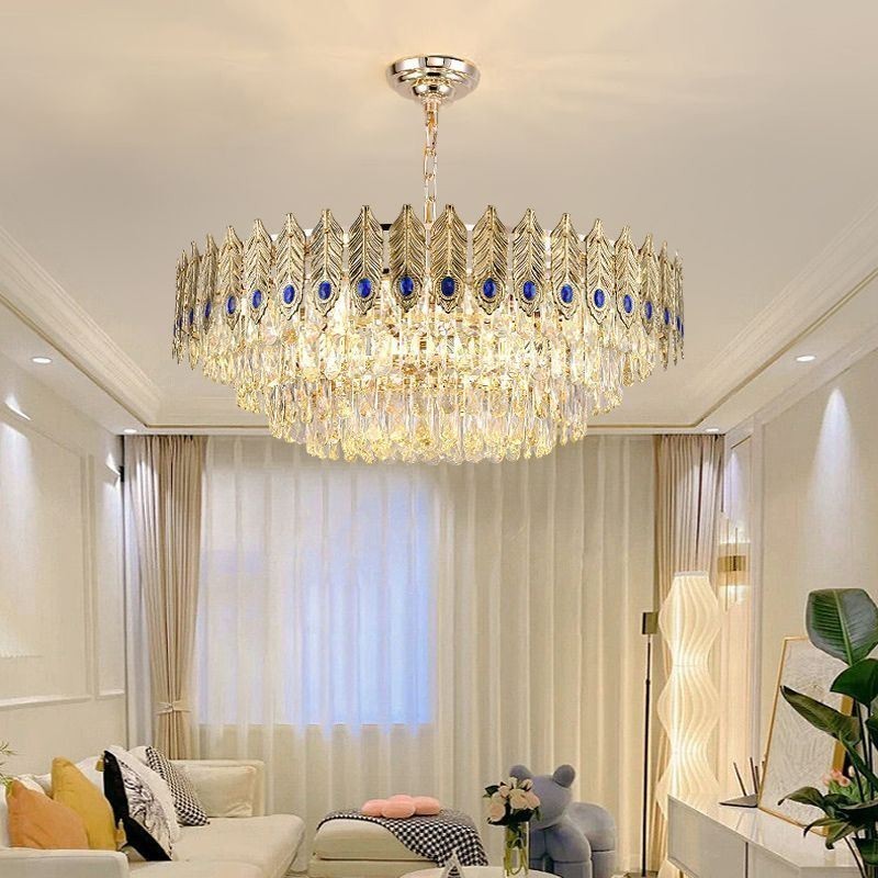 Lámpara colgante de cristal con plumas doradas, lámpara de techo decorativa dúplex