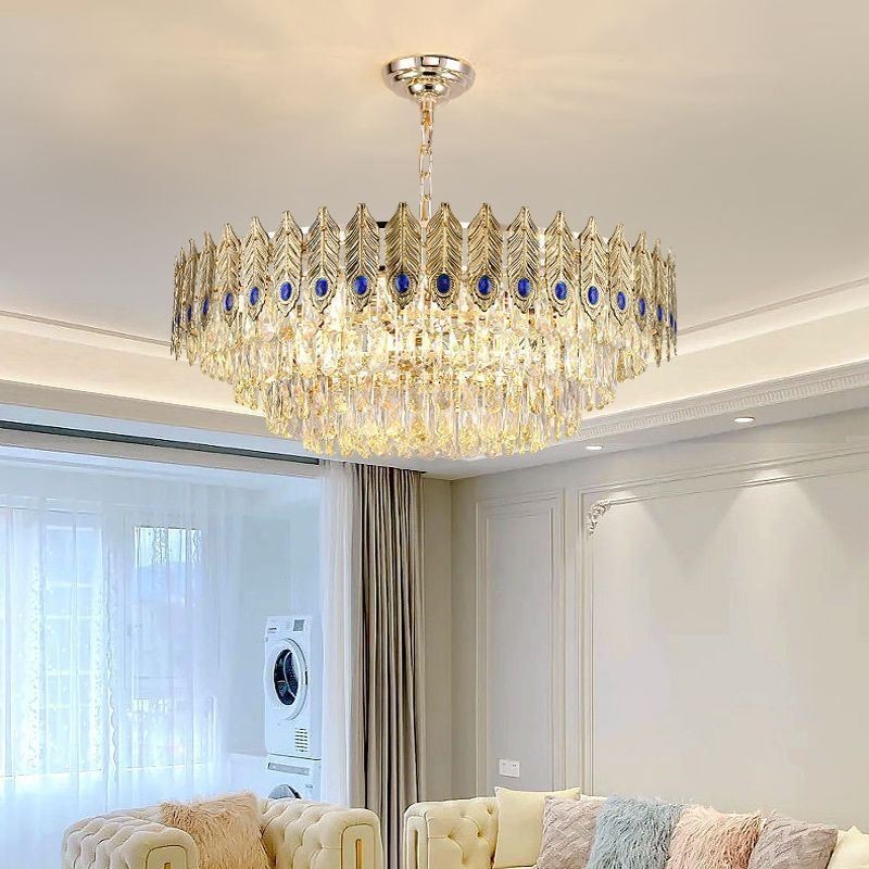 Lámpara colgante de cristal con plumas doradas, lámpara de techo decorativa dúplex