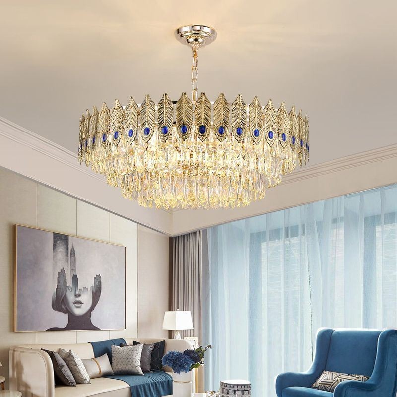 Lámpara colgante de cristal con plumas doradas, lámpara de techo decorativa dúplex