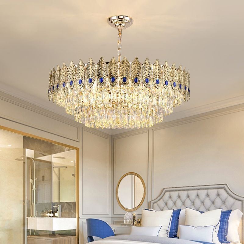 Lámpara colgante de cristal con plumas doradas, lámpara de techo decorativa dúplex