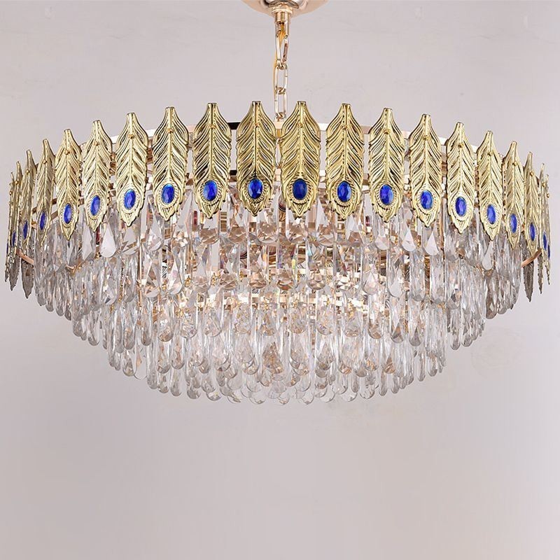 Lámpara colgante de cristal con plumas doradas, lámpara de techo decorativa dúplex