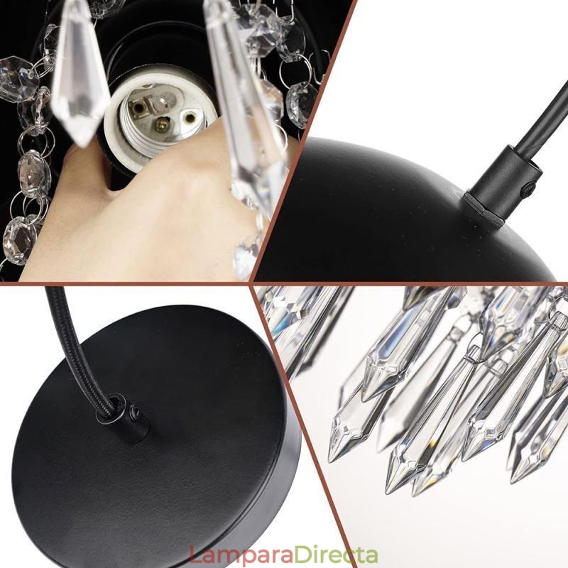 Lámpara de techo con borlas y colgante de cristal con pantalla de tapa de olla negra