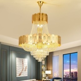 Lámpara colgante de cristal dorado, elegante y decorativa.