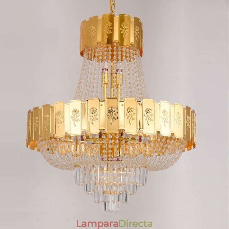Lámpara colgante de cristal dorado, elegante y decorativa.