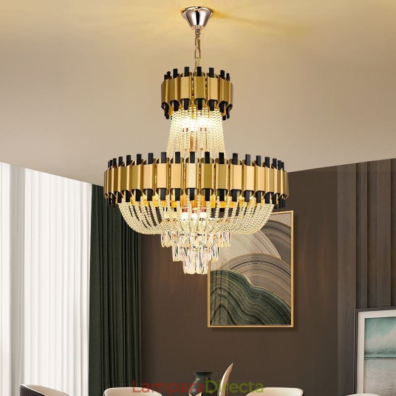 Lámpara colgante de cristal dorada de lujo, lámpara de techo decorativa