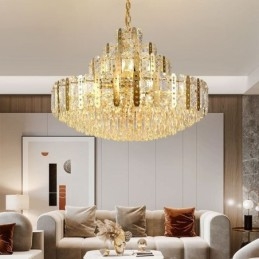 Lámpara colgante de cristal para piso, lámpara de techo decorativa de lujo con lámina de hierro hueca dorada