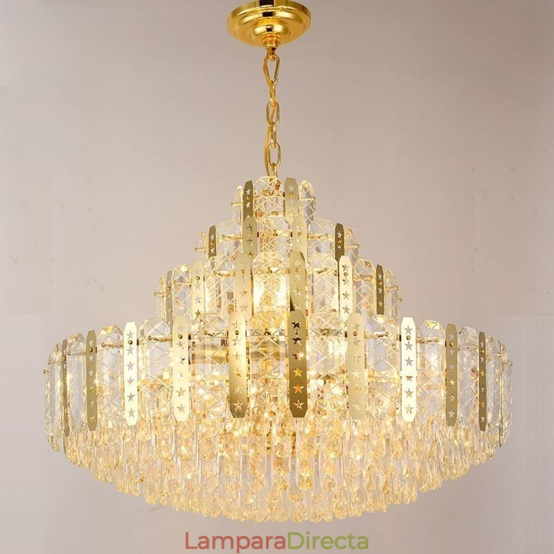 Lámpara colgante de cristal para piso, lámpara de techo decorativa de lujo con lámina de hierro hueca dorada