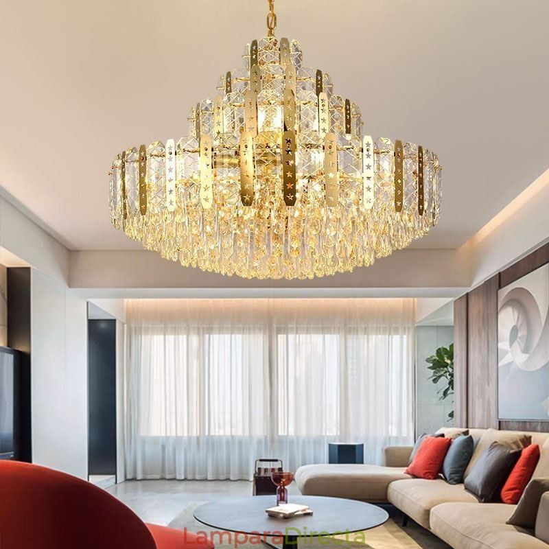 Lámpara colgante de cristal para piso, lámpara de techo decorativa de lujo con lámina de hierro hueca dorada