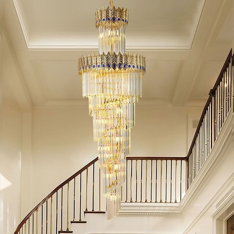 Lámpara colgante de cristal dorado con pantalla de cola de fénix dorada galvanizada, luz de techo