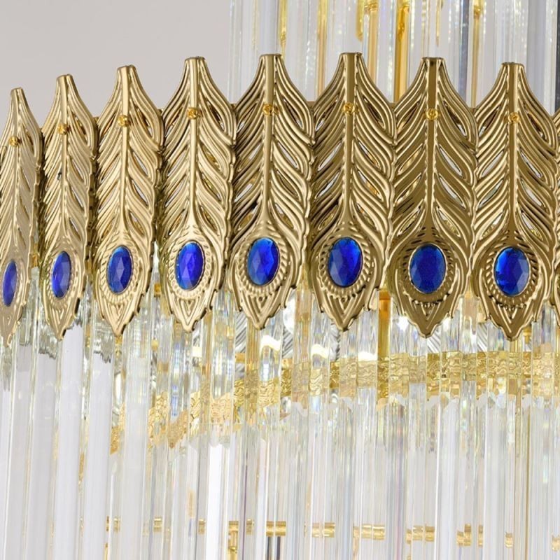 Lámpara colgante de cristal dorado con pantalla de cola de fénix dorada galvanizada, luz de techo