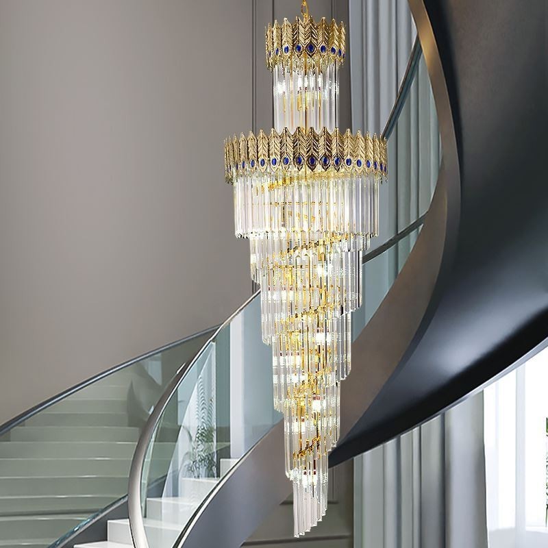 Lámpara colgante de cristal dorado con pantalla de cola de fénix dorada galvanizada, luz de techo